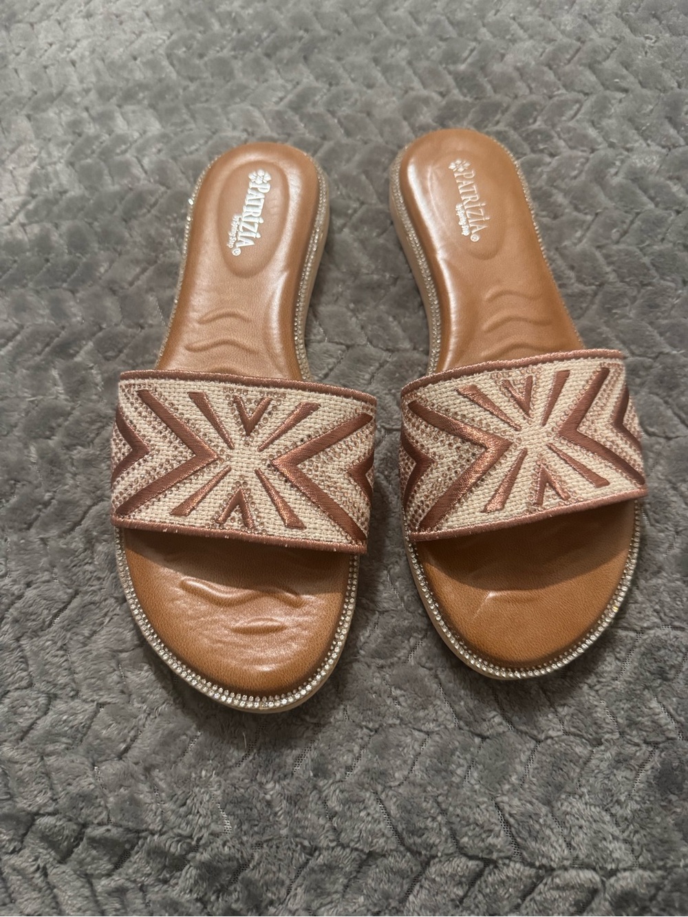Patrizia Rose Gold Tan and Beige Embroidered Slide Sandals